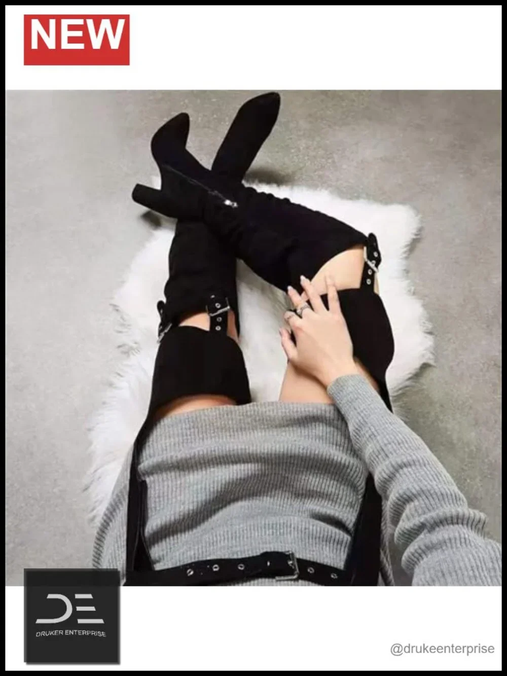 HiColor Women's Belted Pointed Toe High Boots Striking Buckle Strap Fashion